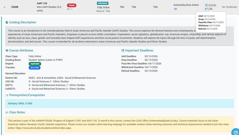 example of deadline dates appearing when hovering over class dates