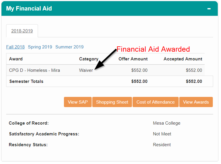 Financial Aid pagelet screenshot  Financial Aid pagelet screenshot