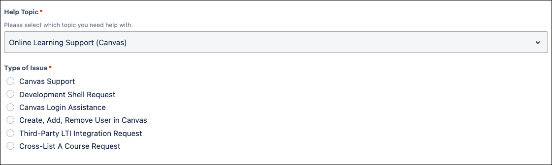 Example of Faculty Form displaying all Canvas Support options