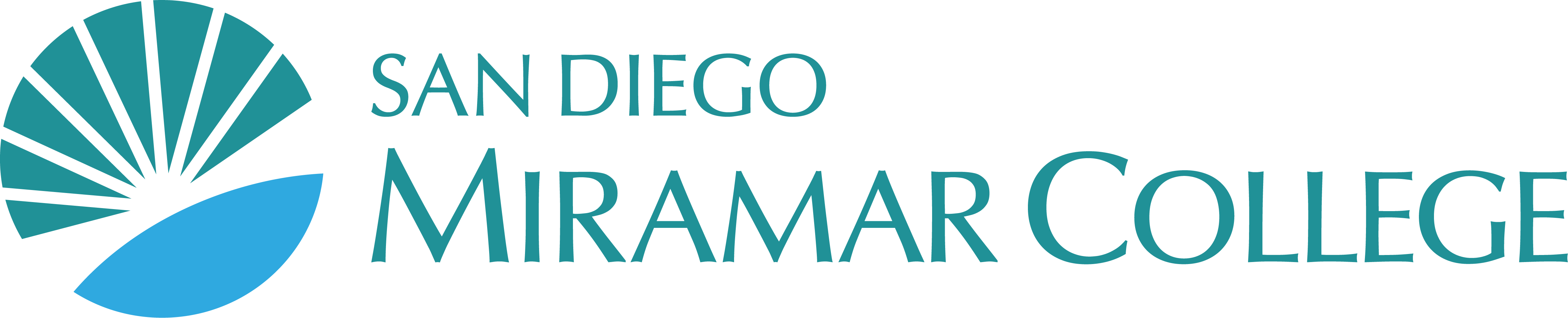 miramar-college horizontal color logo teal and cyan sunburst logo next to wordmark text san diego miramar college on one line