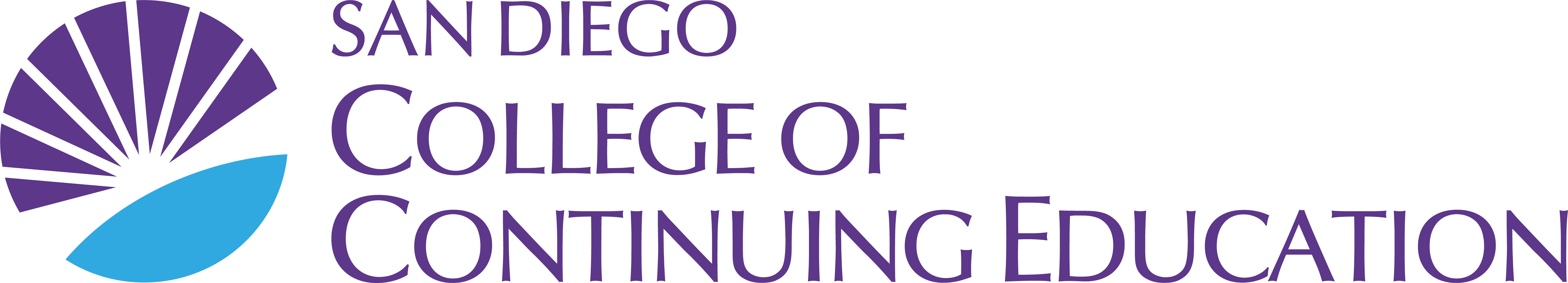 sdcce-district horizontal color logo purple and cyan sunburst logo next to wordmark san diego college of continuing education color logo
