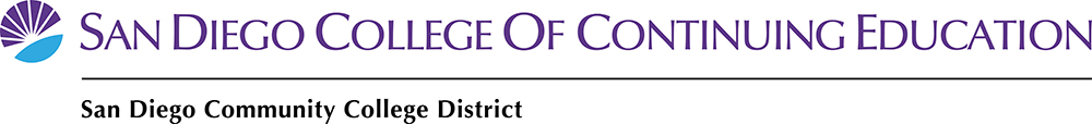sdcce one line color logo and district text purple and cyan sunburst logo next to wordmark san diego college of continuing education color one line logo  and district text