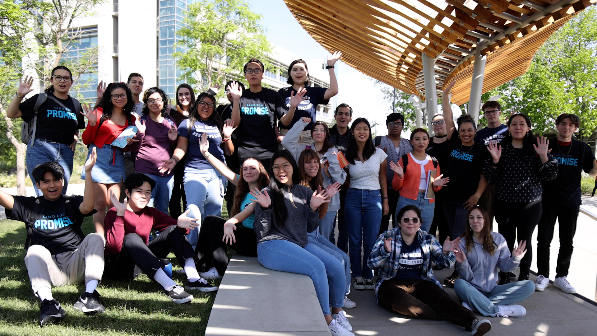 27 promise students are photographed as a group outsitde in the Mesa Quad.