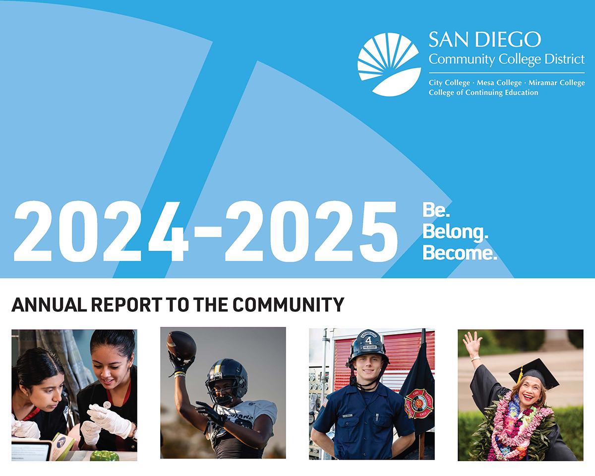 Blue Annual Report cover shows four images of students.