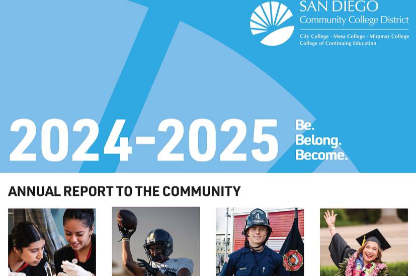 Blue Annual Report cover shows four images of students.