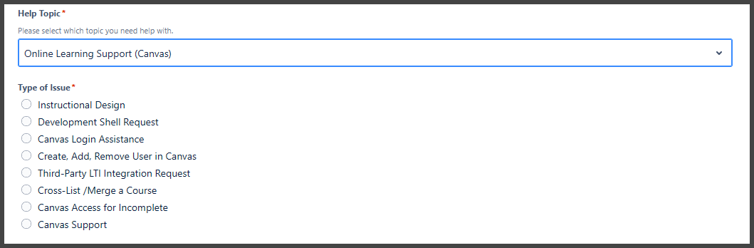 Example of Faculty Form displaying all Canvas Support options