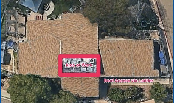 Overhead picture of the child development facility at Mesa with the section of roof being worked on highlighted