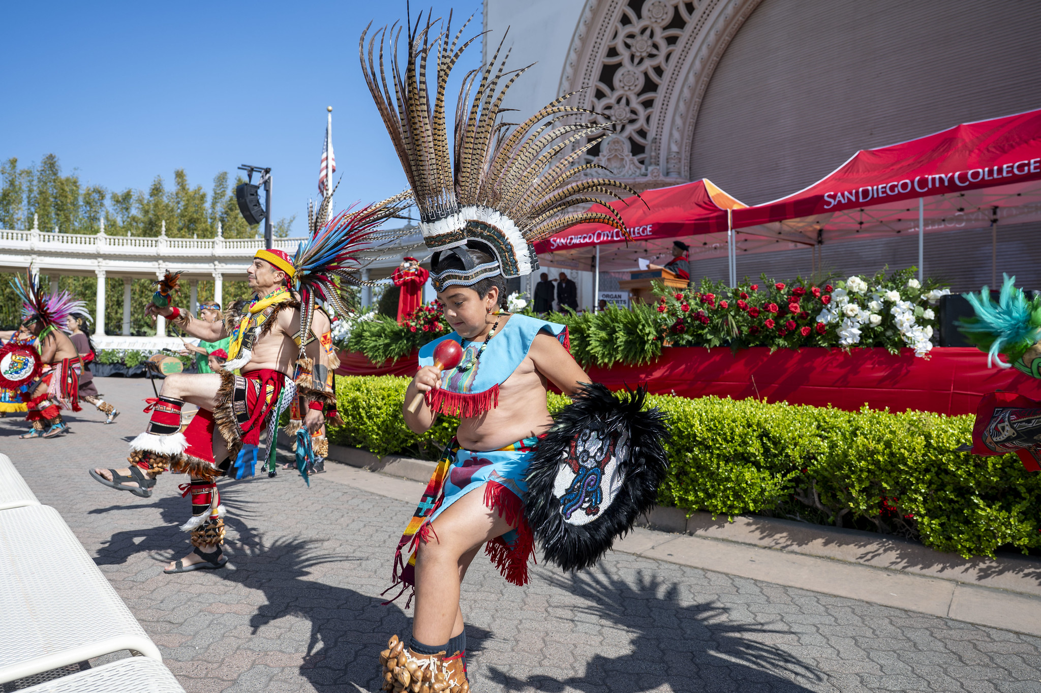 
People wearing Aztec cosutmes played music and danced at the ceremony.
